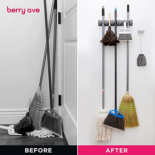 Berry Ave Broom Holder Wall Mount And Garden Tool Organizer, Closet Storage, Kitchen Rack, Home Organization And Garage Organizer For Rake Or Mop Handles Up To 1.25-Inches, Hanger Plus 6 Hooks (Grey) #TOP4
