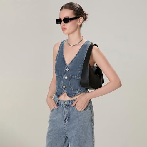 Miqil Women Y2K Button Down Denim Vest Sexy Sleeveless Denim Crop Top Low Cut Strapless Jean Corset Bustier Streetwear4