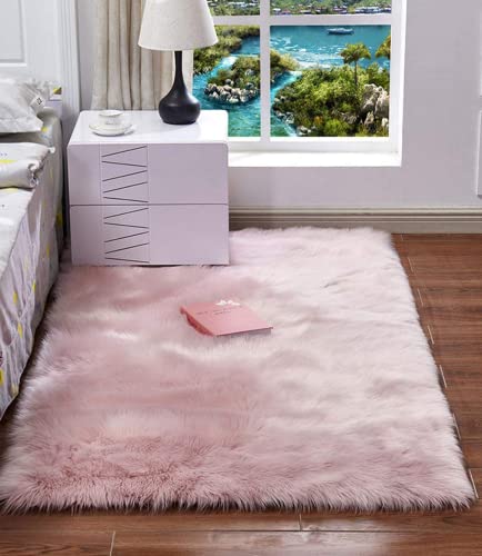 HARESLE Soft Rug,Faux Fur Rugs Living Room,Fluffy Area Rugs,Small Bedroom Rug,Pink Carpet for Girls Bedroom,Washable Carpet for Lounge Room,Non Slip Sheepskin Carpets(Pink,120x160cm)