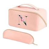 Personalized Initial Makeup Bag, Travel Cosmetic Bag with Brush Bag for Women, Large Capacity Portable Toiletry Bag Make Up Organizer