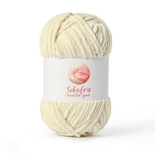 Image of Chenille Yarn for Crocheting, Size 5 Bulky,Beige | 100g /131yds Soft Chunky Velvet Yarn for Crochet and Knitting,Fluffy Baby Yarn for Amigurumi,Blankets and DIY Crafts.