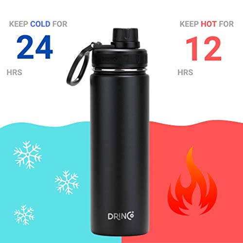 Drinco Stainless Steel Water Bottle Spout Lid Vacuum Insulated Double Wall Water Bottle Wide Mouth (40Oz 32Oz 22Oz 18Oz 14Oz) Leak Proof Keep Cold Sport Camping Hiking (22 Oz, 22Oz Black) #TOP3