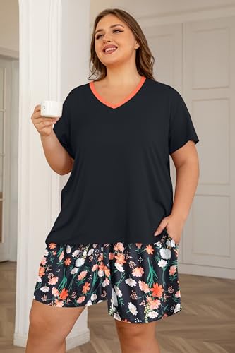 Image of Vozanet Women's Short Sleeve Top and Shorts Pajama Sets Plus Size V Neck Colorful Flower Nighty Loungewear With TWO Pockets