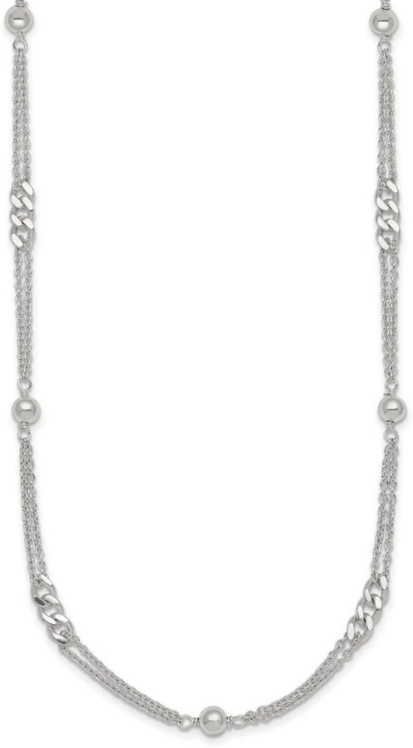 JewelryWeb Polished and Beaded Fancy 2-strand Link Necklace 17.5 Inch 1mm Wide Strand Necklace for Women