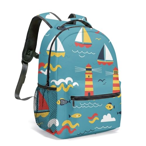 Mochila náutica com estampa de farol de veleiro de 40,6 cm, retrô, barco marítimo costeiro, estampado, bolsa de viagem, 03, Large
