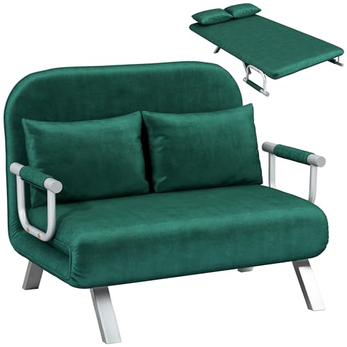 HOMCOM Canapé-lit 2 Places, Fauteuil Convertible avec Dossier réglable en 5 Positions, Chaise Longue avec 2 Coussins Inclus, canapé en revêtement Aspect suède déhoussable, 111x80x78cm, Vert
