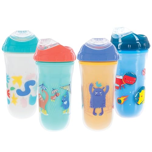 Nuby No Spill Insulated Transition Cup with Soft Rim Spout | 9 oz/ 270 ml | 2 pack: Aqua Animals & White Shapes or Blue Dinosaurs & Yellow Monsters | 18 months +