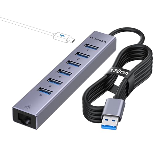 FORIDA Aluminum USB to Ethernet Adapter with 7-Port USB Hub – 3.9ft Long Cable, Gigabit Ethernet Port, 5V/3A Power Port | USB Extender Compatible with Windows, macOS, Linux & More