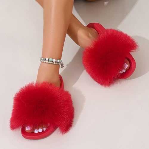 Women's Furry Slides Faux Fur Slides Fuzzy Slippers Fluffy Sandals Open Toe Cute Fur Slippers Slip On Fuzzy Slippers (Red,6.5-7)3