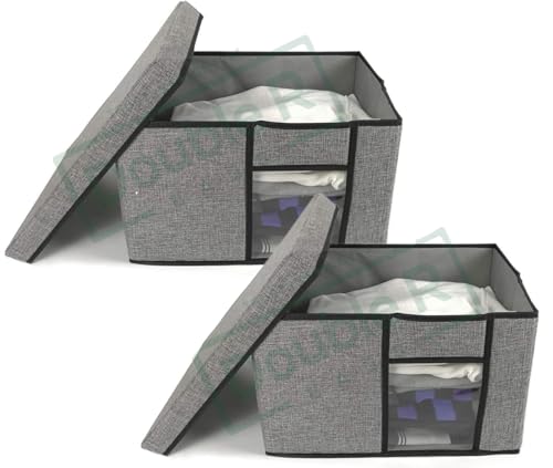 Image of SHIBUI Foldable Fabric Storage Bins with Lid, Clear Window, and Handles - Durable & Stackable Storage Solution for Home and Office - 16x12x10 inches. (Pack of 2, Grey)