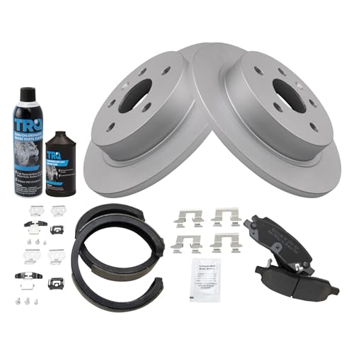 Image of TRQ Rear Brake Pad & Rotor Kit, with Chemical Kit Parking Brake Shoe Set Semi-Metallic Premium G-Coated Compatible with 2006-2010 Cadillac DTS