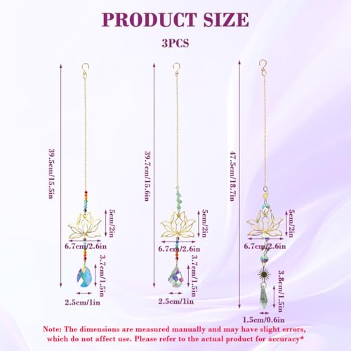 Image of HASTHIP 3 Pcs Lotus Color Crystal Stone Hanging, Suncatcher Wall Hanging Ornaments, Cutout Lotus Charm Zen Decor Rainbow Beaded Gem Suncatcher Wind Chime for Door, Window, Room