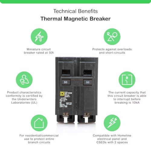 genuine square d hom250 circuit breaker kit bundle 1 pack 50 amp 50a double pole 120240v 10kaic ul listed plug-on for homeline load centers amp panel box new replacement