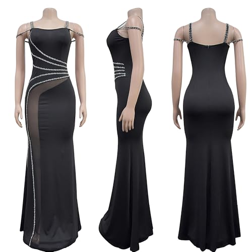 Image of Nagfar Women's Sexy Rhinestone Dresses Spaghetti Strap Halter Mesh Long Dress Birthday Party Club Night Outfit﻿﻿(S7027-Black-XXL)