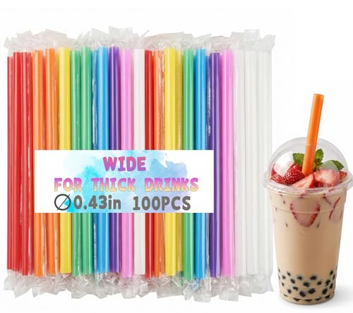 100 Pcs Jumbo Smoothie Boba Straws, Colorful Disposable Plastic Straws, Wide-Mouthed Milkshake Straw, Individually Wrapped Straw for Bubble Tea & Thick Beverages, Parties(0.43