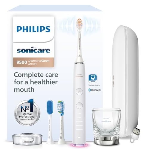Philips Sonicare DiamondClean Smart 9500 Electric Toothbrush - Sonic Toothbrush with App, Pressure Sensor, 15 Brushing Settings, Replacement Reminder, USB Charging Travel Case, White, Model HX9923/01