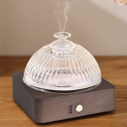 Image of Lecdura Glass Essential Oil Diffuser with Glass Reservoir & WoodBase, 200ml Ultrasonic Lock Color Timer Auto-Off 7 Color Light Aroma Glass Dome Diffuser for Home Office Bedroom Yoga - Dark Brown