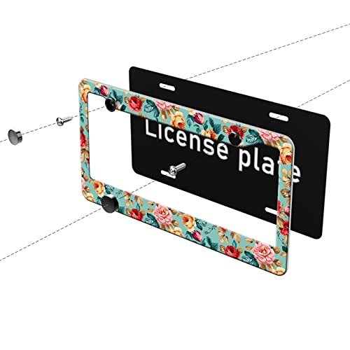 Nhnxhwia Red Pink Orange Flowers License Plate Frame Vintage Floral Car Tags Aluminum License Plate Covers For Girl Women Car Decoration 2 Holes With Screw Fits Standard Us Vehicles #TOP3