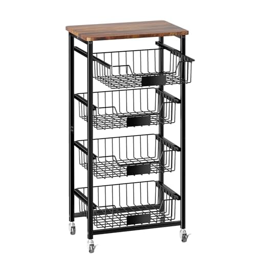 Fruit Basket, 5-Tier Utility Kitchen Organizer and Storage Cart with Pull-Out Baskets and Wood Top, Rolling Pantry Kitchen Cart on Wheels for Fruit Potato Onion Vegetable Snack Produce