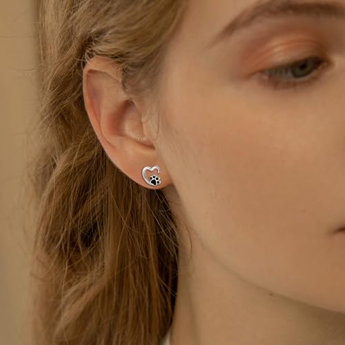 Heart Print Earrings for Women Sterling Silver Cute Pet Puppy Cat Dog Paw Print Stud Earrings Hypoallergenic Small Post Earrings Dainty Lightweight Lovely Earrings for Christmas Birthday3