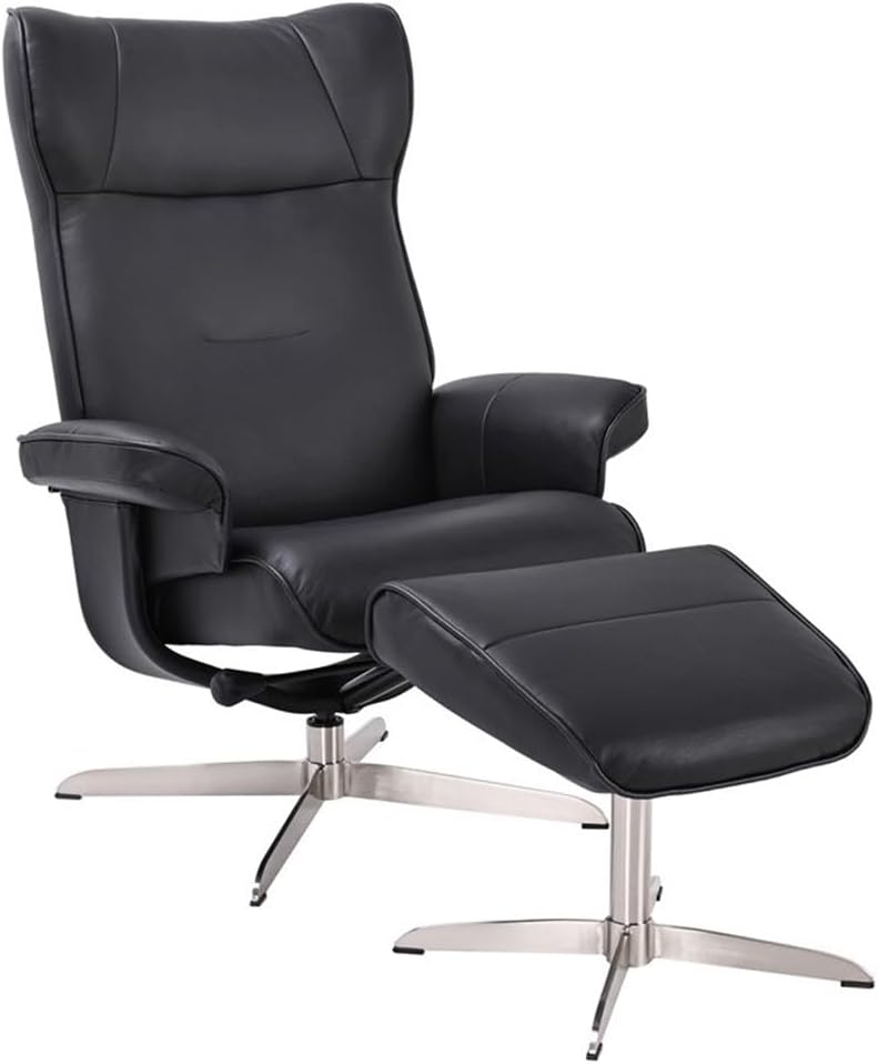 Pemberly Row Stressless Recliner with Ottoman in Black Leather, Swivel Recliner Ottoman for Living Room Comfort