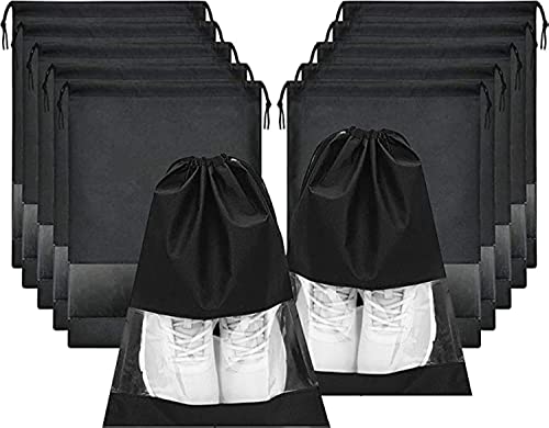 SKY-TOUCH 12 Pieces Waterproof Shoe Storage Bags Non-Woven Fabric with Drawstring and Transparent Window for Travel Gym and Sports Shoe Storage Bag Organizer for Men and Women Black