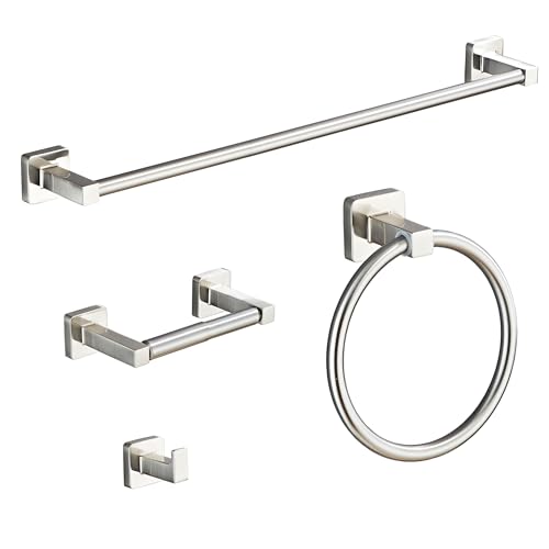 Brushed Nickel Bathroom Hardware Set 4 Pieces,Bathroom Accessories Set Stainless Steel Wall Mounted, Hand Towel Bar, Towel Ring, Robe Towel Hooks,Toilet Paper Holder,Towel Bar Set, 23.6 Inch