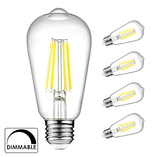 Ascher E26 LED Light Bulbs, Dimmable, 6W, Equivalent 60W, 800lm, Daylight White 5000K, ST58 Edison Bulb, Vintage Filament Clear Glass, Pack of 4