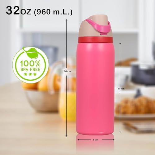 Image of FreeSip Flip-Top Water Bottle for Kids & Adults, Leakproof One-Hand Open Lid, BPA-Free, Easy Carry for School, Office, Sports & Travel - 32 oz (Flamingo, 960 ml)