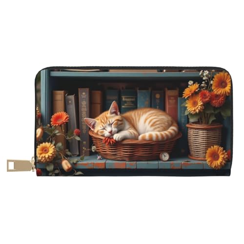 Wallet Women - Vintage Orange Cat Print Leather Wallet for Women with Zipper, Cute Bifold Long Ladies Wallets
