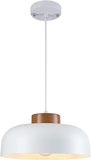 12.6" Modern White Pendant Lights, Small Metal Dome Pendant Light Fixtures, White Hanging Lights with Wood Grain Accent for Kitchen Island, Dining Room, Bar