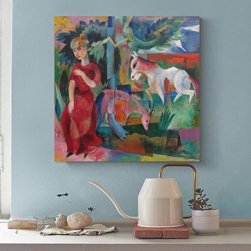 Affiche sur toile femme avec animaux Heinrich Campendonk couleurs vives sans cadre 50x50 cm