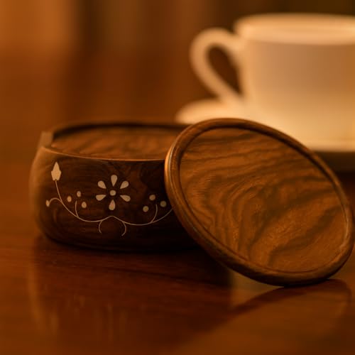 Image of Oaklyn Wooden Lotus Coaster Set of 6 with Barrel Stand - Tea & Coffee Table Coasters (3.5 Inch) (Lotus coaste)