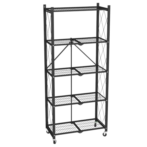 Image of black leopard 5-Tier Foldable Metal Storage Shelf with Wheels, Black | Foldable Design; 85 lb Capacity per Shelf; Preassembled Frame; Lockable Casters; Reinforced Metal Construction