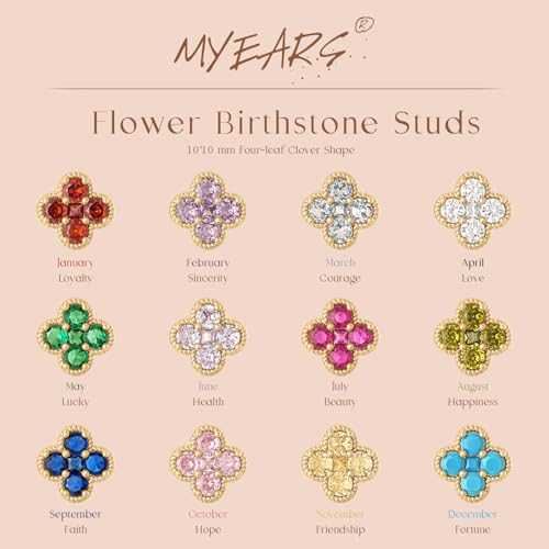 MYEARS Stud Earrings for Women Gold Flower Four-leaf-clover 12 Month Birthstone 14K Small Simple Hypoallergenic Birthday Gift Jewelry4