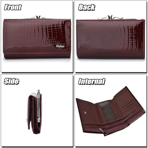 Genuine Patent Leather Wallet for Women, Small RFID Blocking Card Holder, Glossy Purse with Crocodile Embossed Texture - 8 Card Slots | ID/Photo Window | Kiss-lock Pocket - Wine Red2