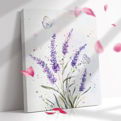 Stampa artistica da parete su tela, motivo: lavanda con farfalla con fiori viola, decorazione da parete con lavanda per soggiorno, camera da letto, bagno, decorazione da parete, 30,5 x 40,6 cm