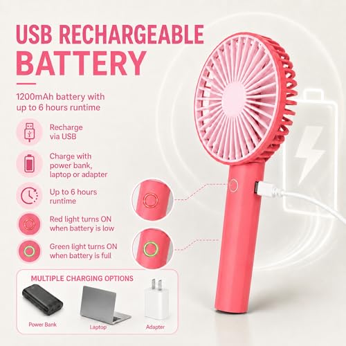 Image of TEQO Rechargeable Hand Fan 4800 RPM High Speed | 1200mAh Battery, Up to 6 Hours Runtime | Portable USB Fan with Mobile Stand & RGB Light | 3 Speed Personal Mini Fan for Travel, Makeup (Raspberry)