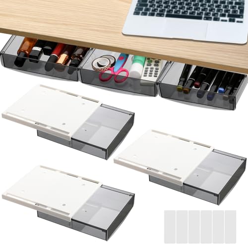 SOUJOY 3 Pack Under Desk Drawer, Self-Adhesive Slide Out Organizer Tray, Plastic Under Table...