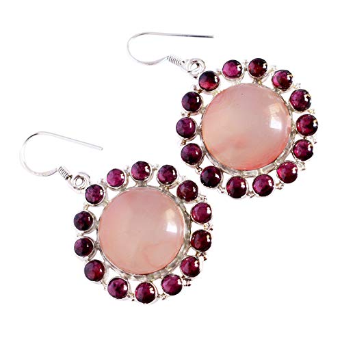 Boucles d'oreilles argent 925 quartz rose et grenat fait main pour femme RI-5276
