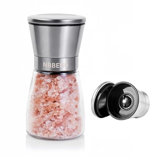Salt and Pepper Grinder with Adjustable Non-Corrosive Ceramic Grinder and 304 Stainless Steel Glass and Stainless Steel Spice Mills with Adjustable Coarseness - Easy to Use and Fill - Large Capacity