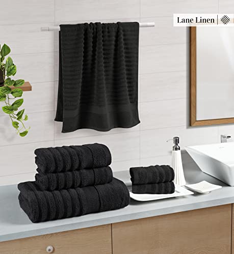 Image of LANE LINEN Zero Twist Cotton Bath Towels - 6 Piece Set - Super Soft, Hotel Quality - 2 Bath, 2 Washcloth, 2 Hand Towels for Bathroom - Classy Look, Gentle on Skin, Ideal for Spa & Daily Use - Black