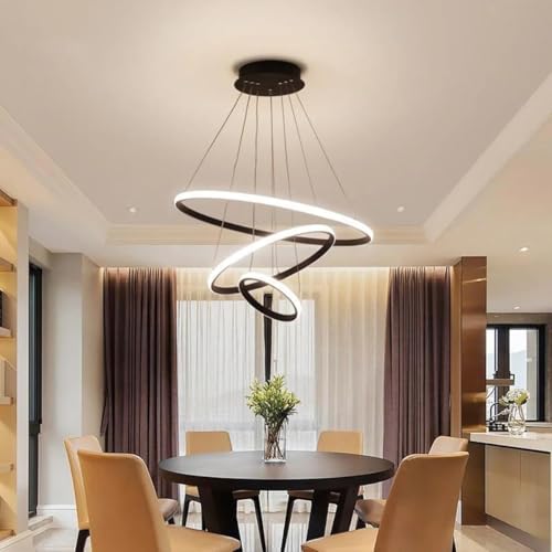 Image of Desidiya 3 Ring LED Pendant Light Fixture for Indoor, Dining Table, Living Room, Kitchen Island, Cafe & Home Decor, Spiral 3 Ring LED Black Finish Decorative Hanging Light