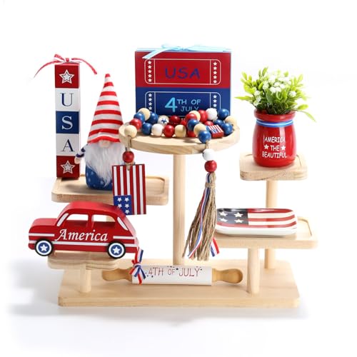 4th of July Decorations Patriotic Tiered Tray Decor Set 8 Pcs Fourth of July Memorial Day Decorations for Home Office Independence Day Centerpieces for Table Shelf Tray Red White and Blue Decor