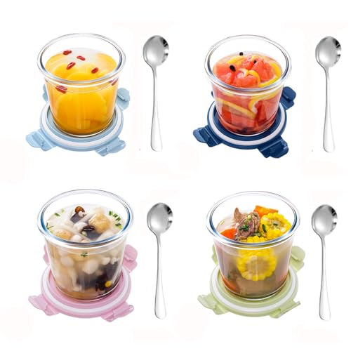 Lot de 4 Récipients en Verre 800 ml avec Couvercles Hermétiques - Bols pour Soupe, Compatible Micro-ondes, sans BPA (4 Ronds L)