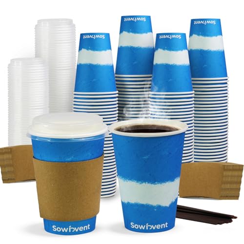 100 Set Blue Disposable Coffee Cups with Lids & Straws - $14.99