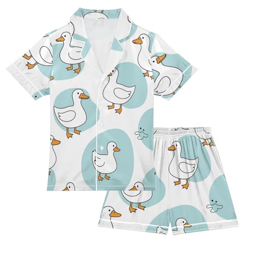 Satin Pajama Sets Short Sleeve Ducks on Blue Backgrounds Button Down Silky Nightwear 2 Piece PJS 5-14Y