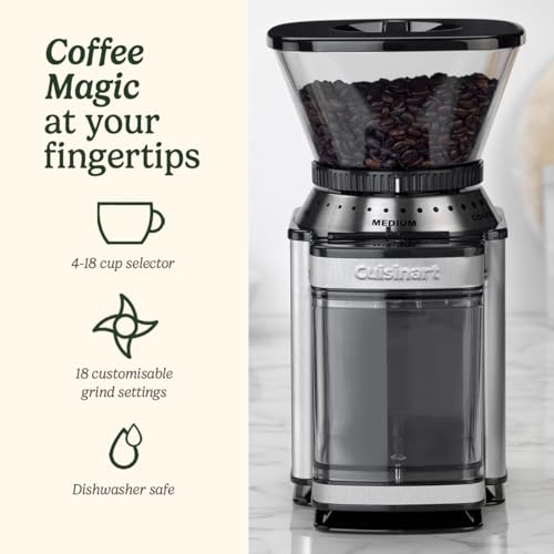 Cuisinart Coffee Burr Grinder | at-Home Coffee Grinder | 4-18 Cups | 18 Grind Settings | Different Brew Strengths - Espresso, Cold Brew, Latte, Cappuccino | Dishwasher Safe | Easy-to-use