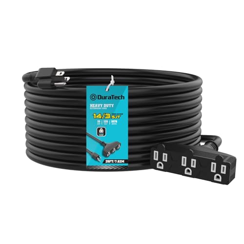 DuraTech Extension Cord 25 ft, Outdoor Extension Cord with Multiple Outlets, 14/3 SJT, 15 Amps, 3 Prong Plug, Heavy Duty Power Strip, Black