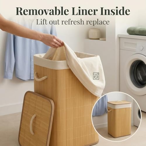 Image of 81L Laundry Basket with Lid, Foldable Bamboo Clothes Hamper, Eco-Friendly Storage Bin for Bedroom, Bathroom & Kids Room (Light Brown, 40x30x60 cm)